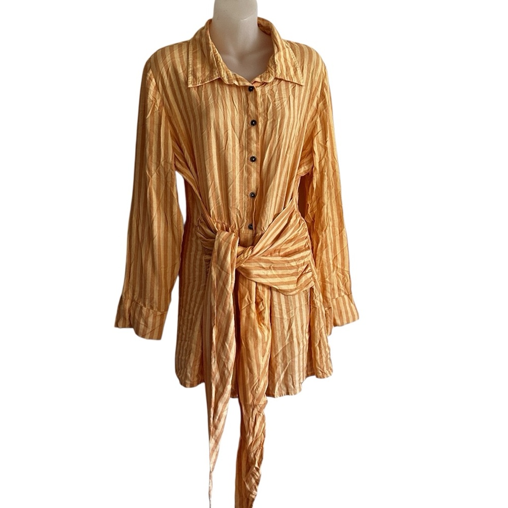 Free People Jen's Pirate Booty Amata Shirt Dress Yellow Tie Front Striped Large